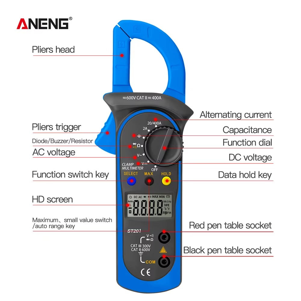 ANENG ST201 Digital Clamp Meter Multimeter AC Voltage Buzzer Resistance ohm Tester DC Clamp Ammeter Transistor Testers Voltmeter