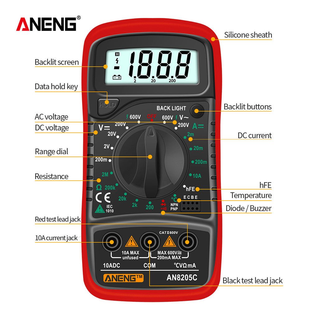 ANENG AN8205C Digital Multimeter AC/DC Ammeter Volt Ohm Multimetro Tester Meter With Thermocouple LCD Backlight Portable - ANENG TOOLS