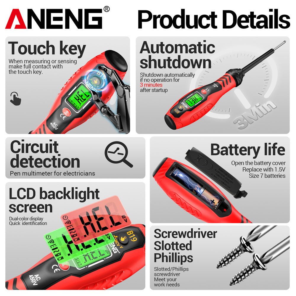 ANENG B19 Digital Voltmeter Smart Measuring Pen With LCD Backlight Circuit Detection On/off NCV Safety Voltage Tester AC11V - 450V - ANENG TOOLS