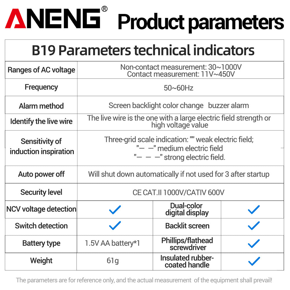 ANENG B19 Digital Voltmeter Smart Measuring Pen With LCD Backlight Circuit Detection On/off NCV Safety Voltage Tester AC11V - 450V - ANENG TOOLS