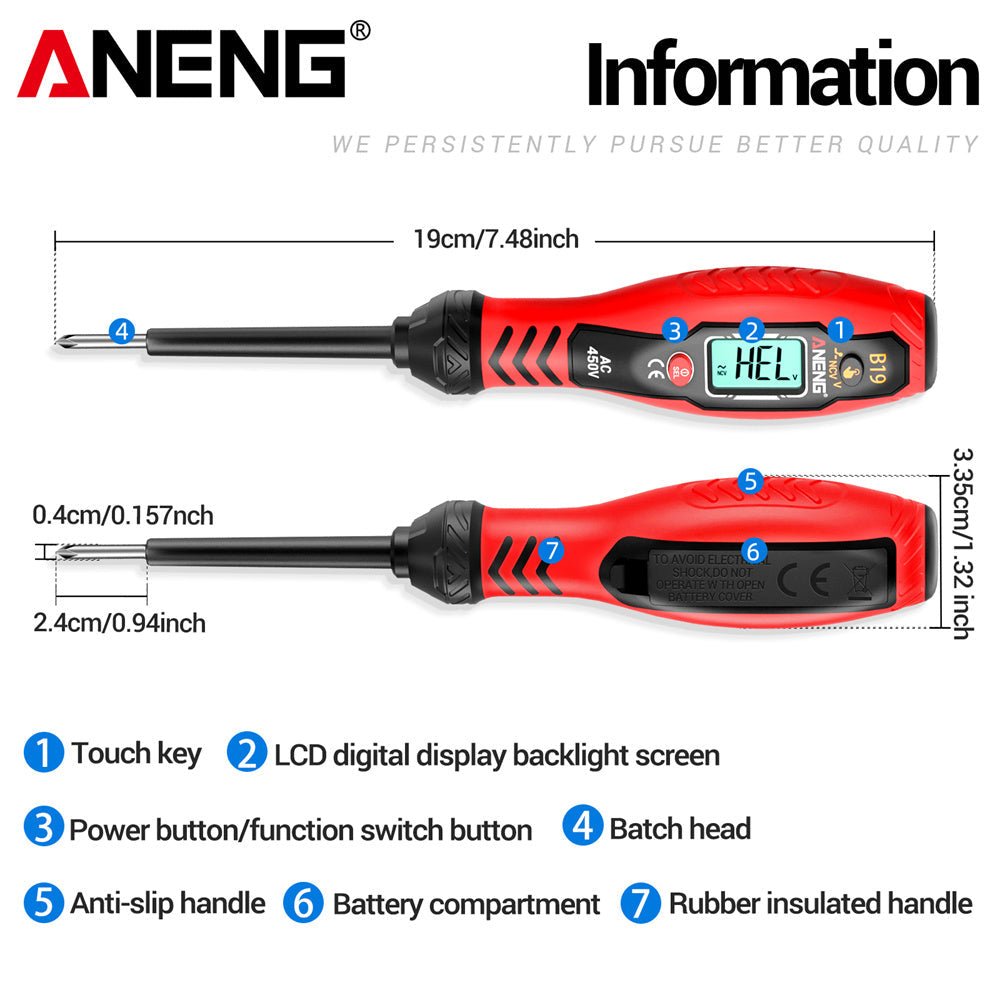 ANENG B19 Digital Voltmeter Smart Measuring Pen With LCD Backlight Circuit Detection On/off NCV Safety Voltage Tester AC11V - 450V - ANENG TOOLS