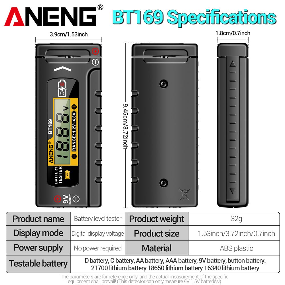 ANENG BT169 Battery Level Tester Digital Display Screen MultipleMeasurements No power required Portable ABS Plastic Tester Tools - ANENG TOOLS