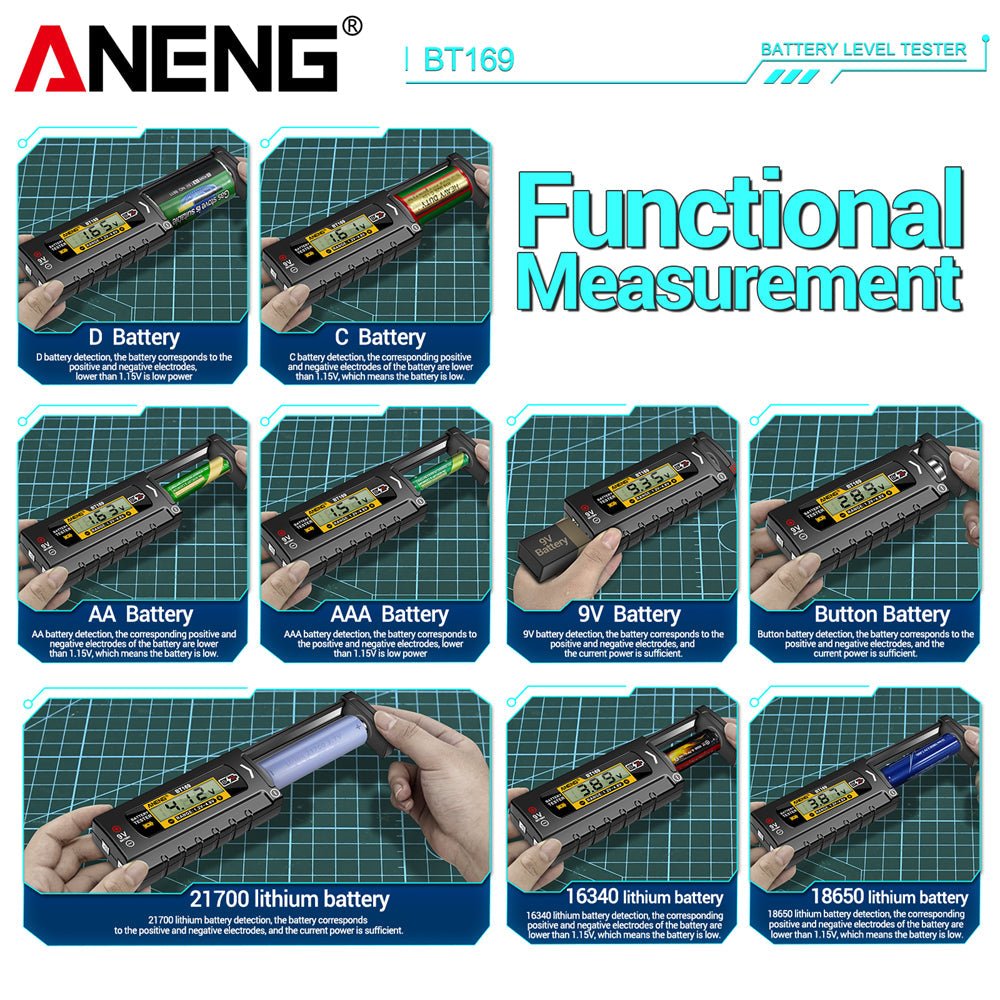 ANENG BT169 Battery Level Tester Digital Display Screen MultipleMeasurements No power required Portable ABS Plastic Tester Tools - ANENG TOOLS