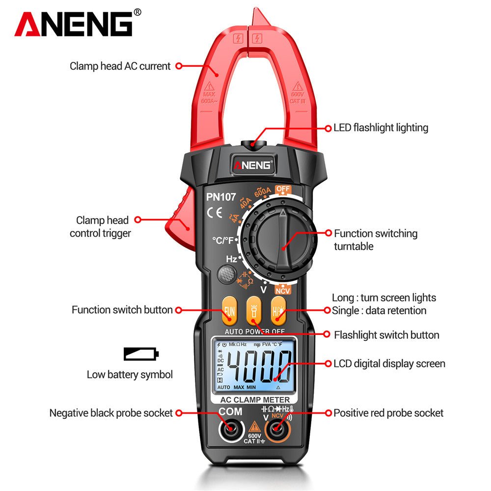 ANENG PN107 Auto Digital Clamp Meter CAT II 600V AC/DC Voltage Multitester True RMS 4000 Count Electrical Multimeter Tester - ANENG TOOLS