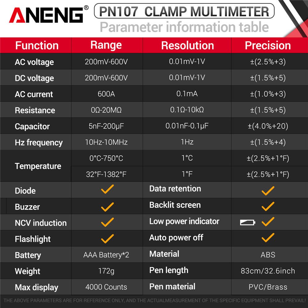 ANENG PN107 Auto Digital Clamp Meter CAT II 600V AC/DC Voltage Multitester True RMS 4000 Count Electrical Multimeter Tester - ANENG TOOLS