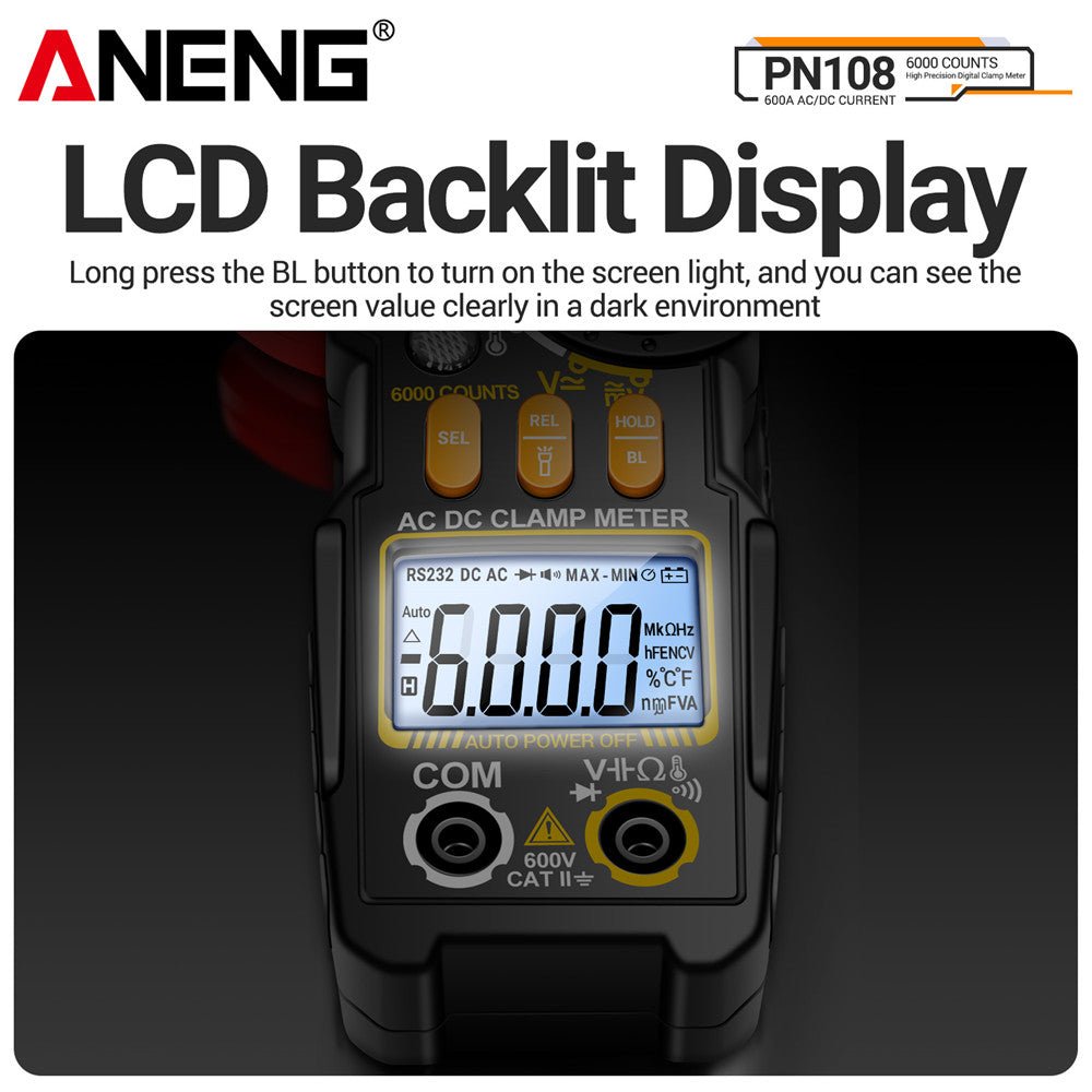 ANENG PN108 Clamp Meter Multimeter 6000 Counts AC/DC Voltage Tester 600A Current Resistance Capacitance High Precision Test Tool - ANENG TOOLS