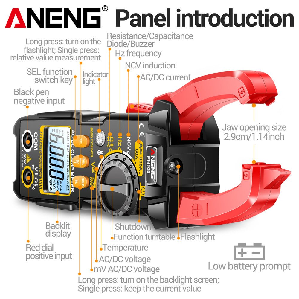 ANENG PN108 Clamp Meter Multimeter 6000 Counts AC/DC Voltage Tester 600A Current Resistance Capacitance High Precision Test Tool - ANENG TOOLS