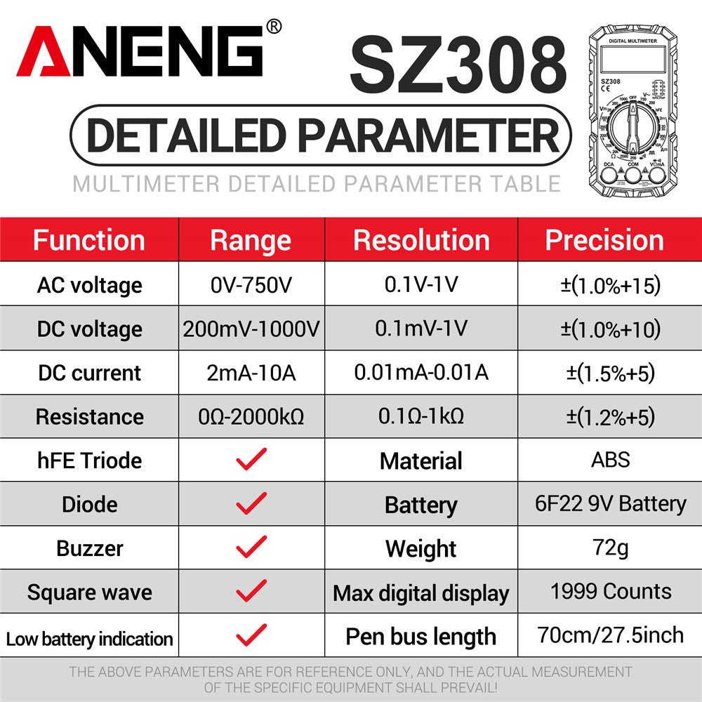 ANENG SZ308 Square Wave Digital Tester Multimeter 1999 Counts HFE Triode Buzzer AC/DC Voltage 10A Current Multimeters Meter Tool - ANENG TOOLS