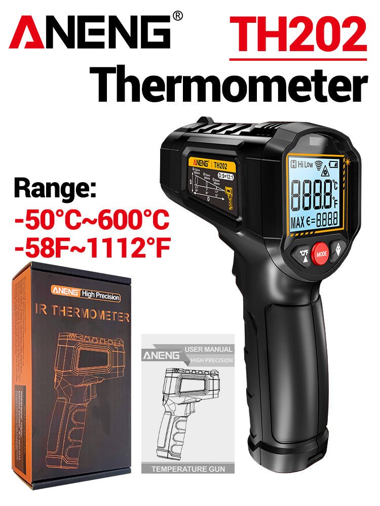 ANENG TH202 Infrared Thermometer Non - contact - 50~600℃ Digital Laser Temperature Meter LCD display Pyrometer Point Gun Tester - ANENG TOOLS