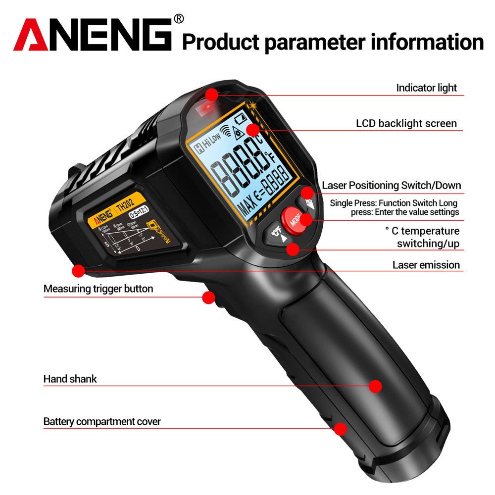 ANENG TH202 Infrared Thermometer Non - contact - 50~600℃ Digital Laser Temperature Meter LCD display Pyrometer Point Gun Tester - ANENG TOOLS
