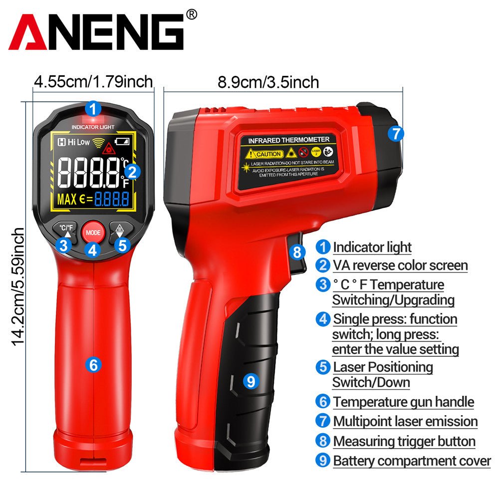 ANENG TH203 Smart Industrial Infrared Thermometer - 50~600℃ Temperature Gun VA Reverse Color Screen Tester Meter Pyrometer Tools - ANENG TOOLS