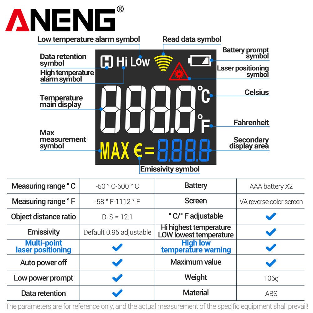 ANENG TH203 Smart Industrial Infrared Thermometer - 50~600℃ Temperature Gun VA Reverse Color Screen Tester Meter Pyrometer Tools - ANENG TOOLS